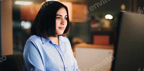 Preview: Computer, night and search with business woman at desk in office for online planning or research