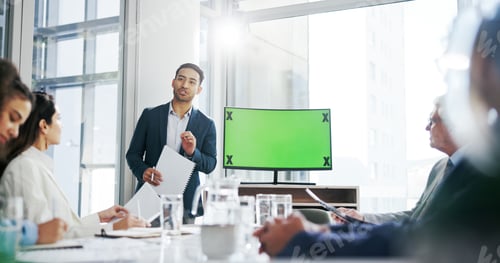 Preview: Financial advisor, green screen and man with computer, presentation or planning for revenue report