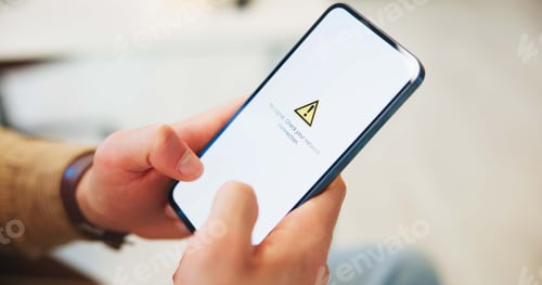 Preview: Hands, no signal and phone screen with person in living room of home for connectivity issues