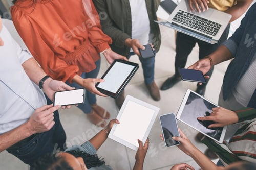 Preview: Business people, hands and meeting with technology for data sync, information or sharing app above