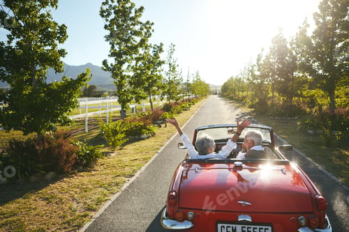 Preview: Road trip, back and elderly couple in car, travel adventure and romantic holiday for transportation
