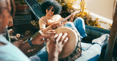 Preview: Outdoor, drum or happy woman with guitar on hammock, playing musical instrument