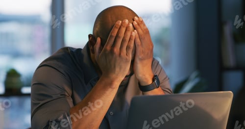 Preview: Business, headache and man with pain, laptop and tired with fatigue, journalist and exhausted