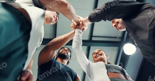 Preview: Exercise, team or hands together in support at gym for training success, achievement or workout