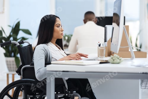 Preview: Computer, reading and woman with wheelchair in office for story research, editing blog or inclusion