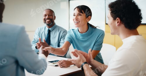 Preview: People, applause and handshake in office with meeting, b2b agreement or contract for marketing