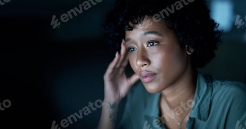 Preview: Business, woman or reading with headache at night for editing fatigue, brain fog or space
