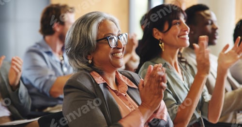 Preview: Business people, audience and applause with presentation, summit and seminar event