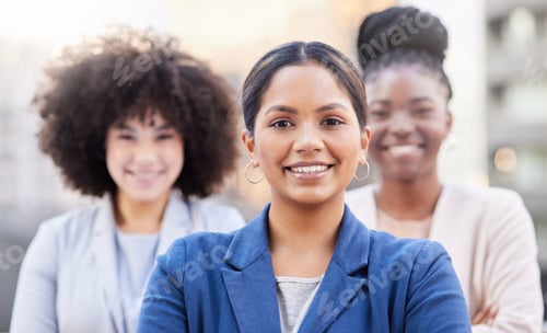 Preview: Happy, business and woman with team in city for career pride, about us and real estate agent