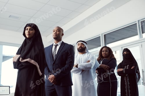 Preview: Business, people and team in row in office for legal representation, muslim coworkers and about us
