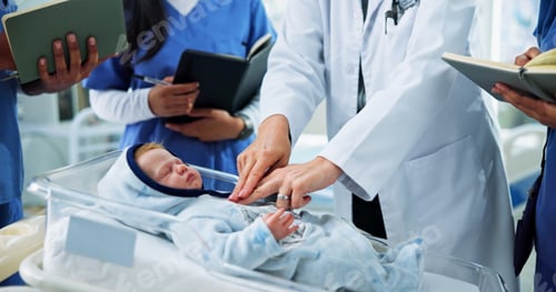 Preview: Hands, nurses and doctor with CPR training on baby doll for medical simulation