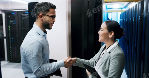 Preview: Administration, handshake and meeting with people in server room together for networking agreement