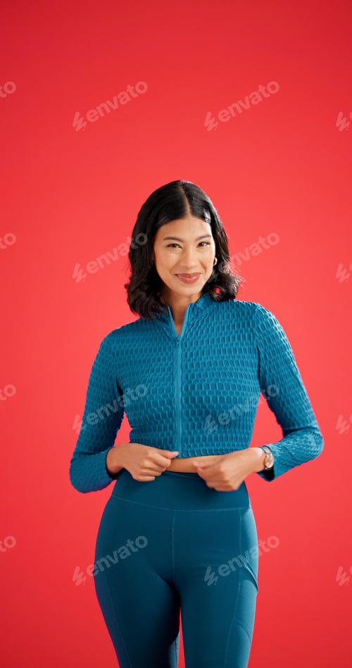 Preview: Fitness, portrait and smile of woman on red background for exercise benefits, health or wellness