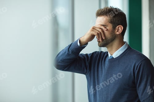 Preview: Office, window and businessman with stress for financial crisis, unhappy and thinking with pressure