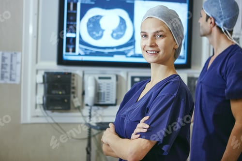 Preview: Surgeon, woman or scan with arms crossed in theater for surgical planning, career pride or scrubs