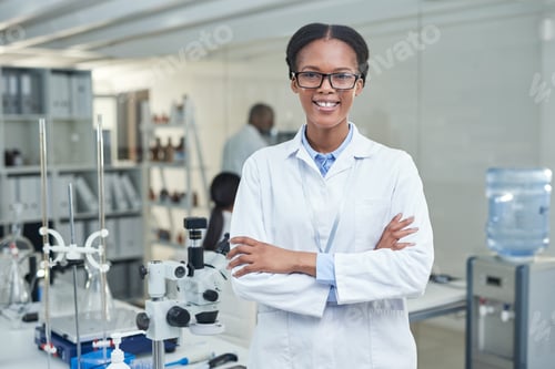 Preview: Woman, scientist and arms crossed with smile at lab with glasses, pride