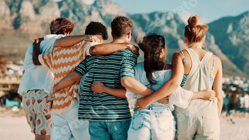Preview: People, friends and back view with hug on beach for summer vacation, bonding or outdoor fun