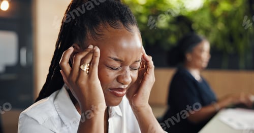 Preview: Woman, headache and stress at startup, tension and exhausted with temple massage at media company