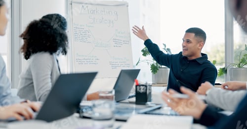 Preview: Businessman, whiteboard or presentation with team for marketing strategy or discussion in boardroom