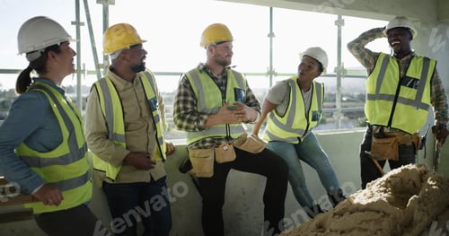 Preview: Construction site, break and happy people with conversation, architecture and joke with real estate