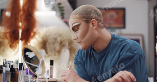 Preview: Drag artist, mirror and makeup for beauty, thinking and makeover in dressing room