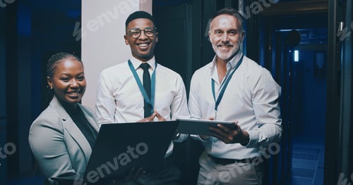 Preview: Team, server room and portrait of people with tech for IT support, cybersecurity and database