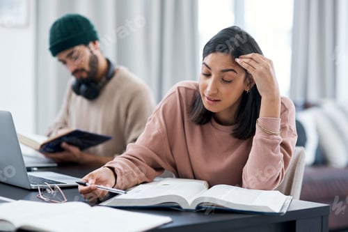 Preview: Woman, study and couple in living room with books, college education and preparation for law exam