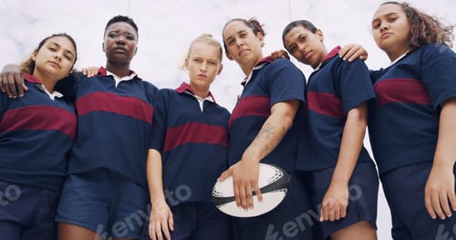 Preview: Rugby, team and sports with portrait of women on field for challenge, game attitude or training