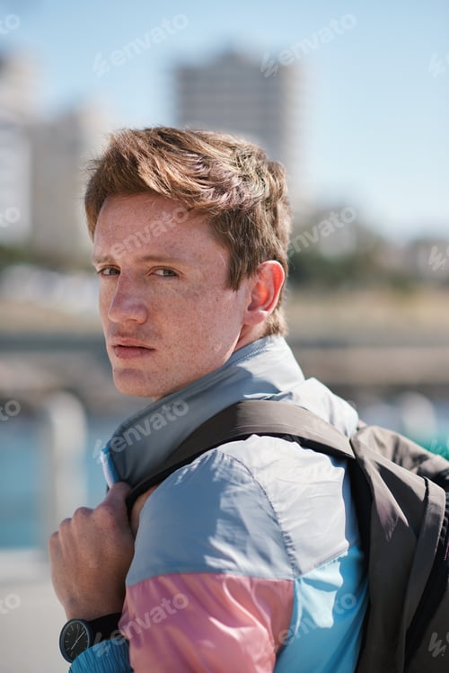 Preview: Portrait, man or student in city with backpack, commute or university education for development