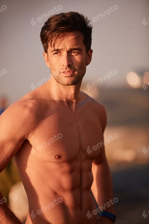 Preview: Fitness, thinking and shirtless with man outdoor for wellness space, workout and reflection