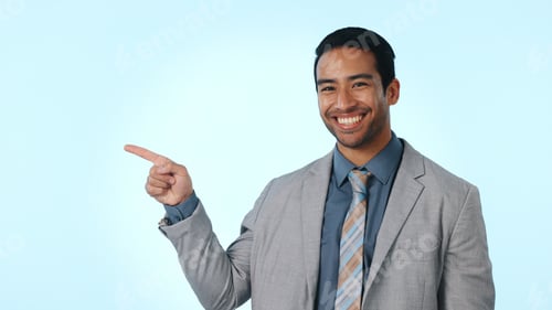 Preview: Pointing, happy and portrait of businessman in studio with option or choice for finance career