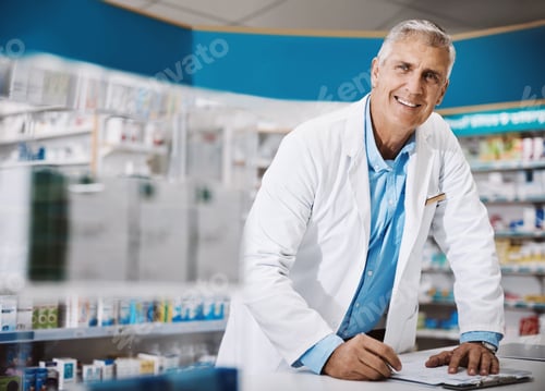 Preview: Smile, man and pharmacist with clipboard at clinic for notes, information and prescription
