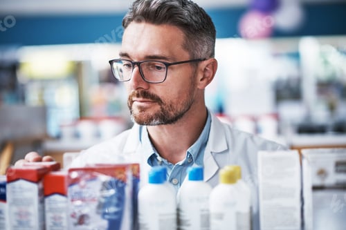 Preview: Pharmacist, man and order for drugs, stock management and sorting for medical inventory
