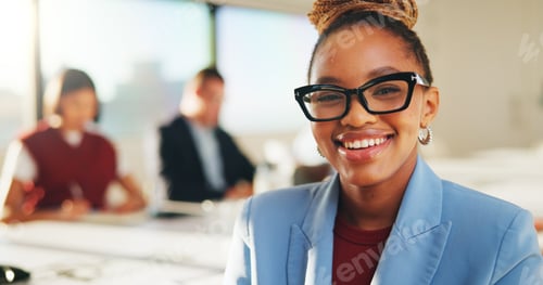 Preview: Leader, portrait and businesswoman with glasses in boardroom, public relations
