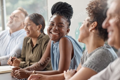 Preview: Corporate, team and woman with laugh in workshop for funny opinion, career upskill or interaction