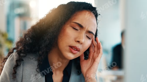 Preview: Headache, strain or woman in office with frustration, tiredness or brain fog in task management