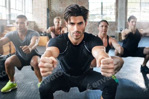 Preview: Workout, squat and man in gym with portrait for training, wellness and challenge or fitness