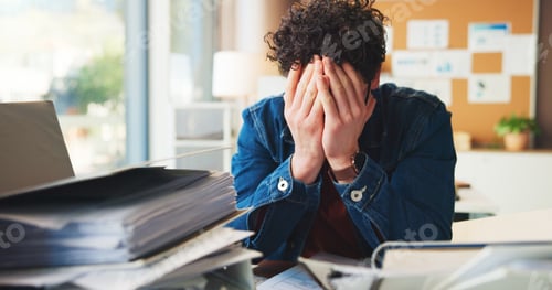 Preview: Overwhelmed, man or burnout in office with workload for marketing proposal