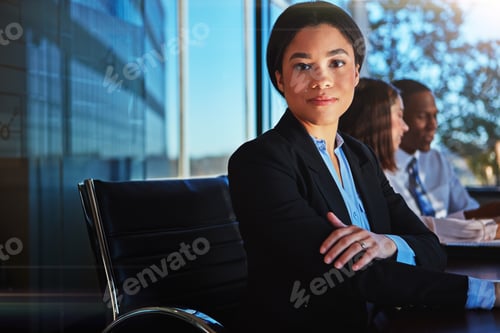 Preview: Business, portrait and serious woman in boardroom for company development or management
