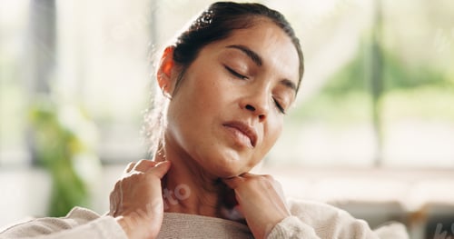 Preview: Stress, woman and massage neck pain on sofa for muscle cramp, stiffness and pinched nerve