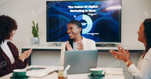 Preview: Woman, presentation and applause at startup, office meeting or goal with screen at digital marketin