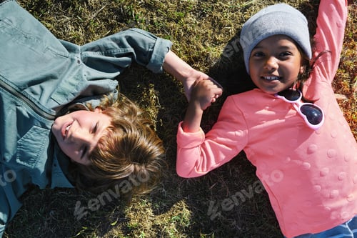 Preview: Relax, holding hands and portrait of children in nature with bonding on holiday