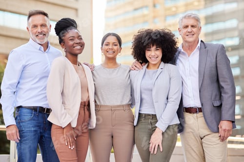 Preview: Portrait, business and people with smile in city for teamwork, career pride and real estate agent