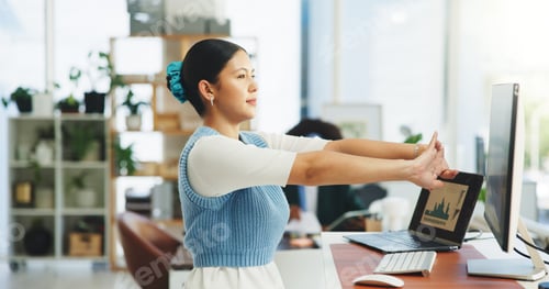 Preview: Business, finance and stretching with accountant woman in office for flexibility