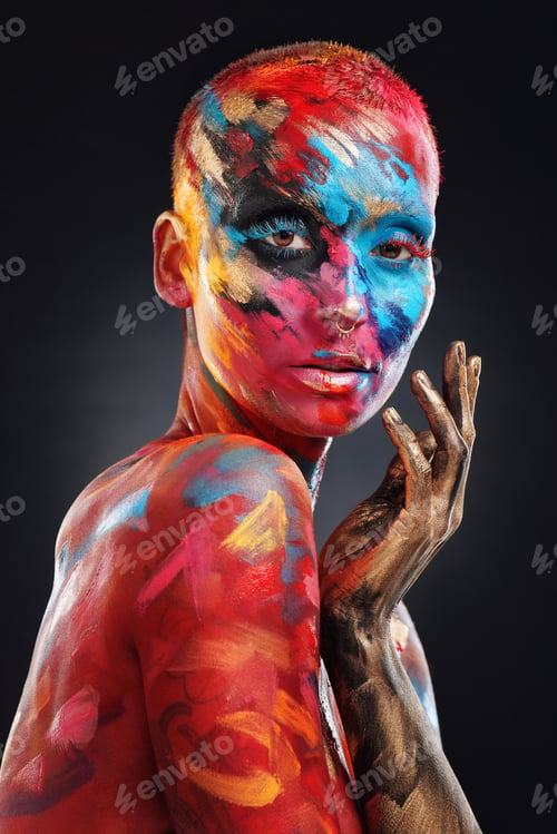 Preview: Paint, art and makeup with portrait of woman in studio for self expression