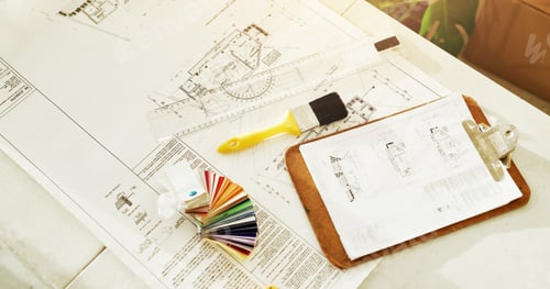 Preview: Above, document and table with blueprint for interior design, planning and sketch for upgrade