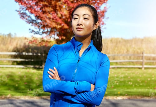 Preview: Arms crossed, fitness and vision with asian woman in nature for running practice