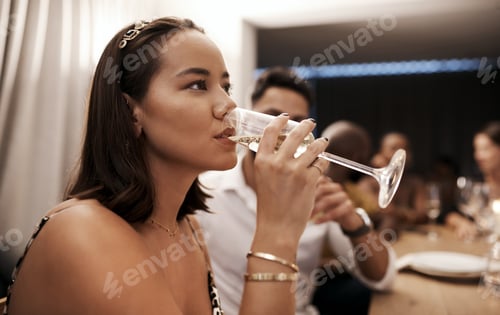 Preview: Woman, drinking and champagne with glass for new year party, celebration or staff function