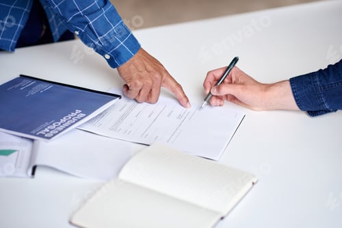 Preview: Signature, pointing and hands of business people with contract, investment purchase
