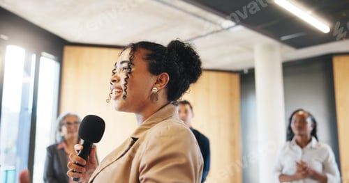 Preview: Business, workshop or presenter in circle with mic, training or expo in skills development